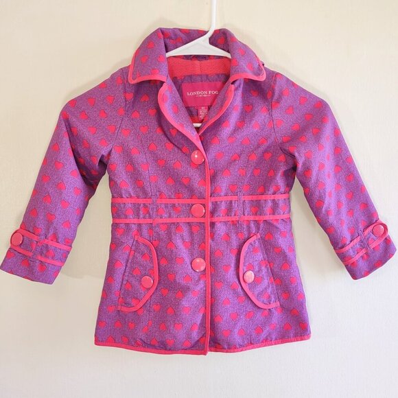 Girls 4T London Fog Hooded Jacket Coat Fleece Lined Pockets Purple & Pink Hearts - Picture 2 of 10